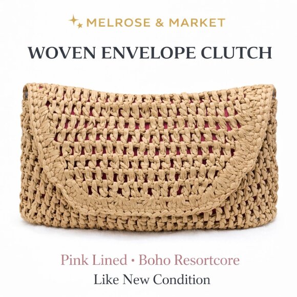 Melrose and Market Handbags - Melrose and Market Woven Envelope Clutch Pink Lined Boho Resortcore Vacation Bag